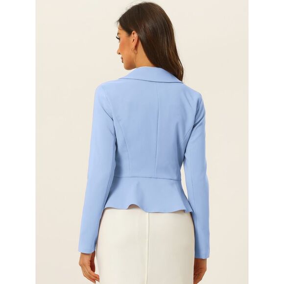 Short Blazer Lapel Ruffle Hem Work Office Blazers Light Blue - Picture 3 of 6